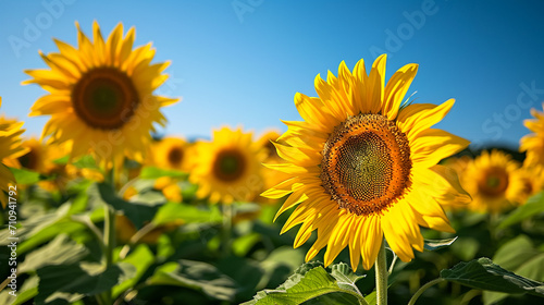 Close-up of a sunflower growing in a field of sunflowers during a nice sunny summer day with some clouds. Helianthus