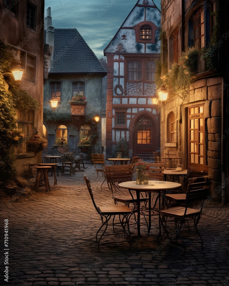 Charming European Street with Outdoor Seating