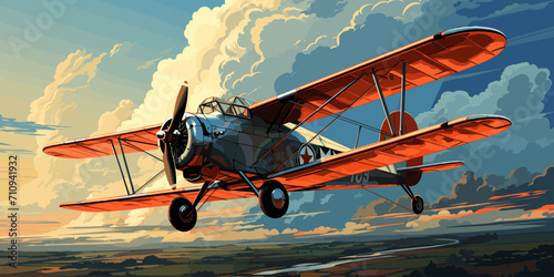 vector illustration of the cumulonimbus clouds image with a biplane flying in the blue sky photo