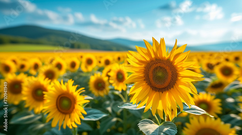 Close-up of a sunflower growing in a field of sunflowers during a nice sunny summer day with some clouds. Helianthus