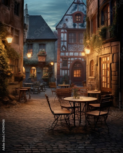Charming European Street with Outdoor Seating