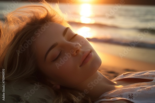 Young woman sleeping on beach at sunset