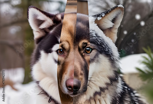 A picture depicting a dog made up of 4 separate breeds. First one is a husky, next is a labrador, next is a German Shepard and the last is a wolf. this photo represents their evolutionary background.