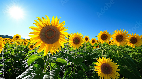 Close-up of a sunflower growing in a field of sunflowers during a nice sunny summer day with some clouds. Helianthus