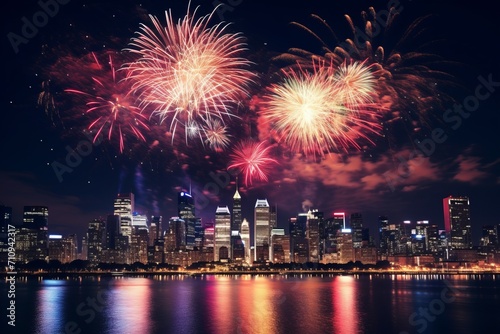 Cityscape Ablaze with Fireworks Above Skyscrapers