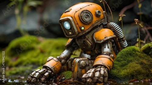 A lone android, covered in rust, seated on a moss-covered stone, silently contemplating the decay of its mechanical surroundings -Generative Ai © Online Jack Oliver