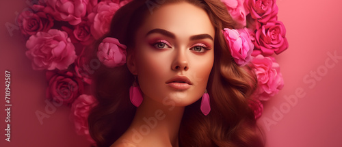 Amazing Beautiful Girl portrait, with pink roses in her hair, Beauty Model Woman Face, Perfect Skin, big blue shining eyes, Professional Make-up, beautiful hairstyle