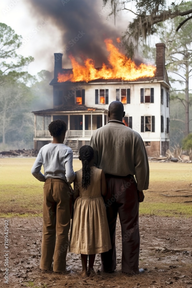 African American family watching their home burn
