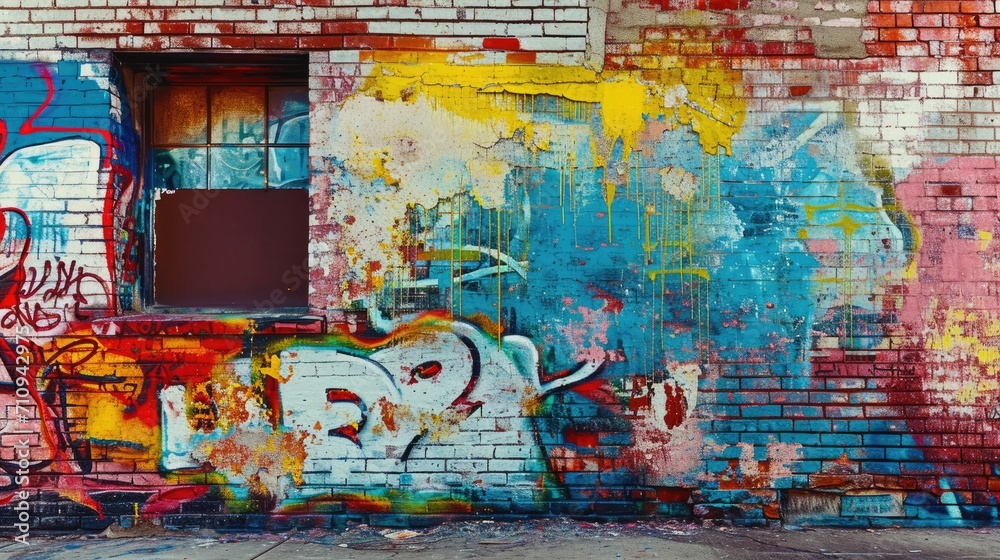 Fototapeta premium Wall with colorful graffiti in a brick building