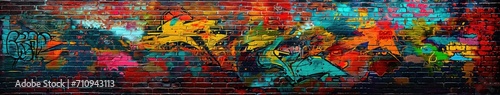 Wall with colorful graffiti in a brick building