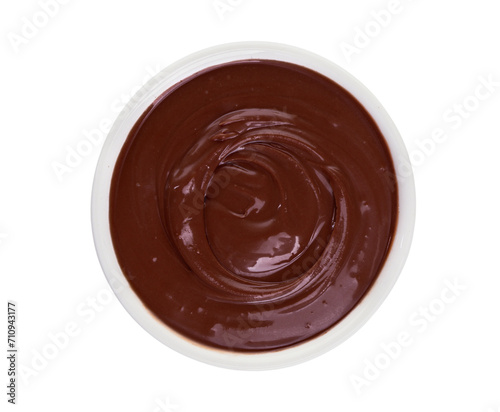 Bowl of yummy melted chocolate on white background