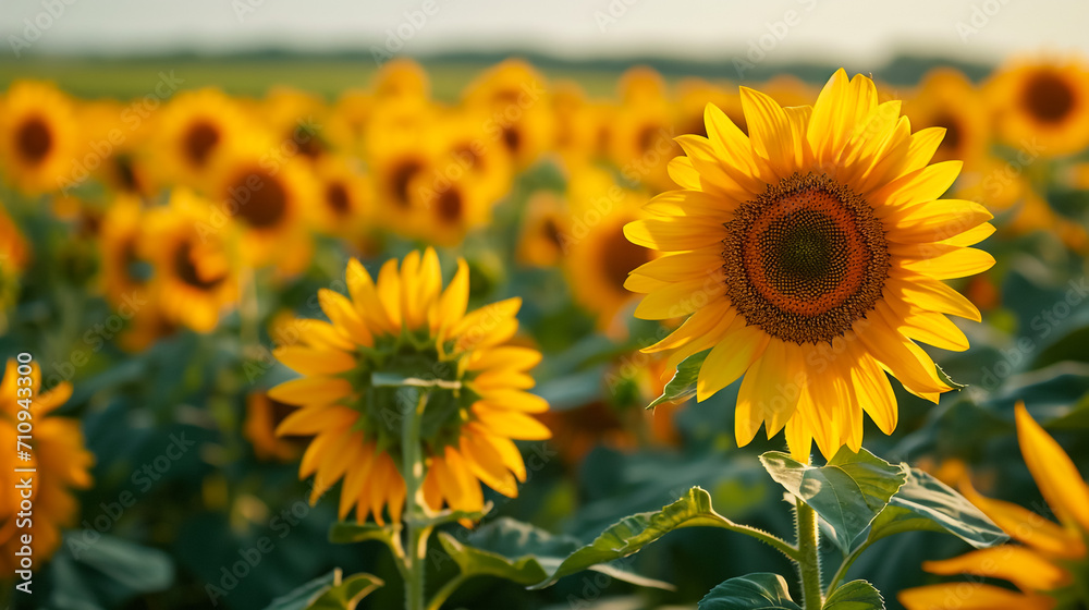 field of blooming sunflowers on a background sunset