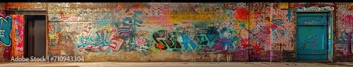 Wall with colorful graffiti in a brick building