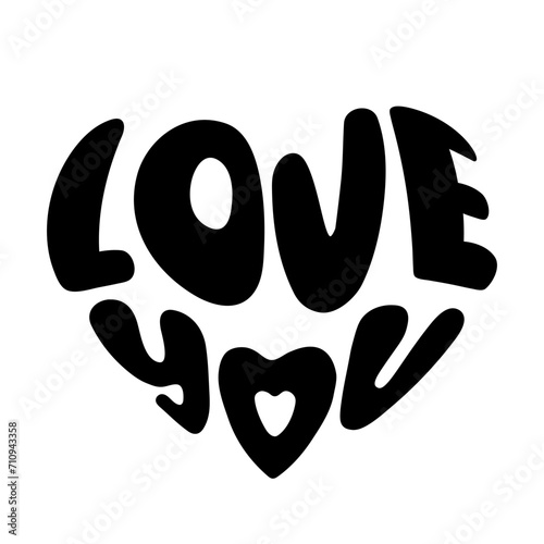 Love You phrase in heart shape. Monochrome black handwritten lettering isolated on white background. Hand drawn saying for Valentines Day designs. Romantic vector illustration