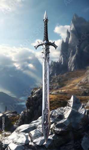 A fantastic sword from the Middle Ages, against a background of rocks and mountains