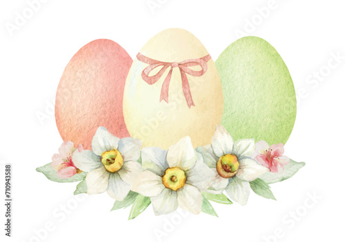 Watercolor vector arrangement with Easter eggs and flowers. Design for invita...
