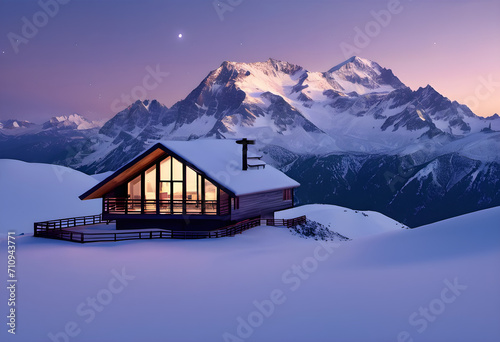 Scenic mountain hut on the mountainside, large panoramic windows, geometric hut, full view, scenic view at dusk, dramatic twilight sky, peaks under snow, stars, snowy mountain desert, beautiful view, 