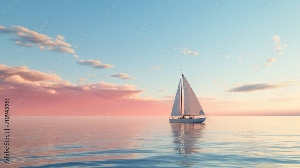 A lone sailboat anchored near the shore, surrounded by the gentle ripples of the calm sea -Generative Ai