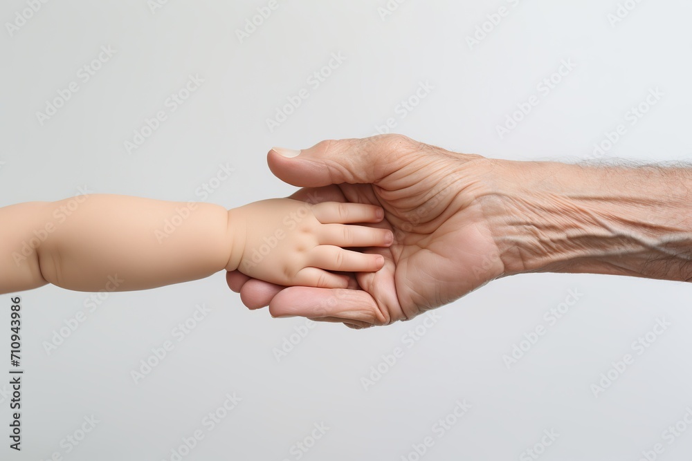 Hands of senior man and baby on white background Hands of senior man and baby on white background
