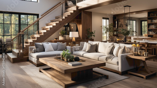 Explore a contemporary farmhouse living room adorned with a wooden staircase, providing a visual anchor to the space. 