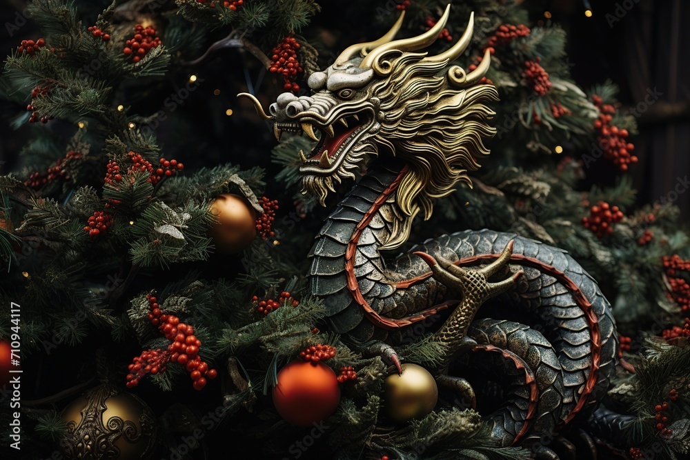 Decorated christmas tree with dragon. New Year 2024