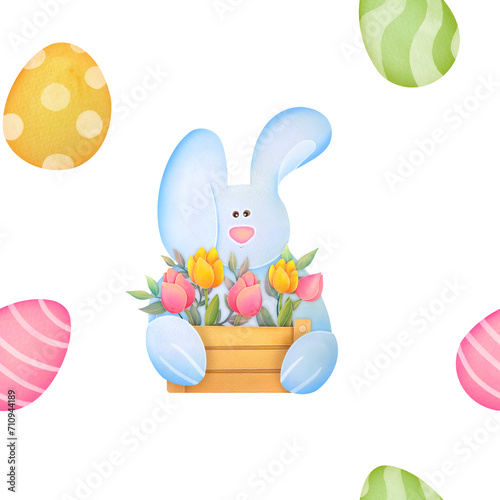 Cute Easter bunny with basket of flowers, Easter colored eggs. children s watercolor seamless pattern on transparent background. Happy Easter Greeting card with spring flowers, funny bunny