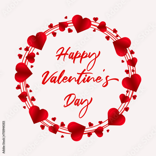 Valentines day background card with round of hearts and text inside Happy Valentine Day. Holiday brochure in red style. Valentine flyer template. Stock vector illustration