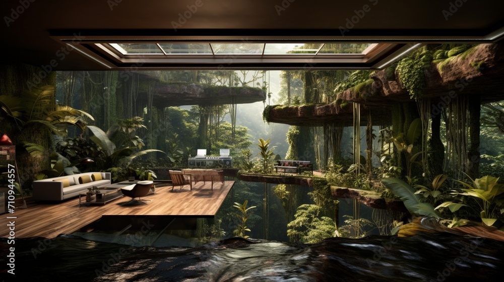 A luxurious jungle villa with a private waterfall pool, seamlessly blending opulence with the untamed beauty of the natural surroundings -Generative Ai