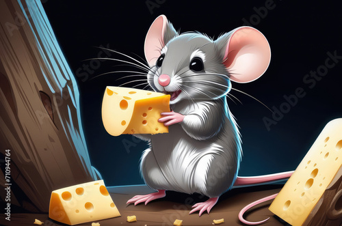 Cute cartoon baby mouse with large piece of cheese