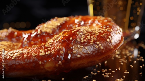A macro image of a soft pretzel with a glistening salt crust, showcasing its bakery-fresh appeal -Generative Ai