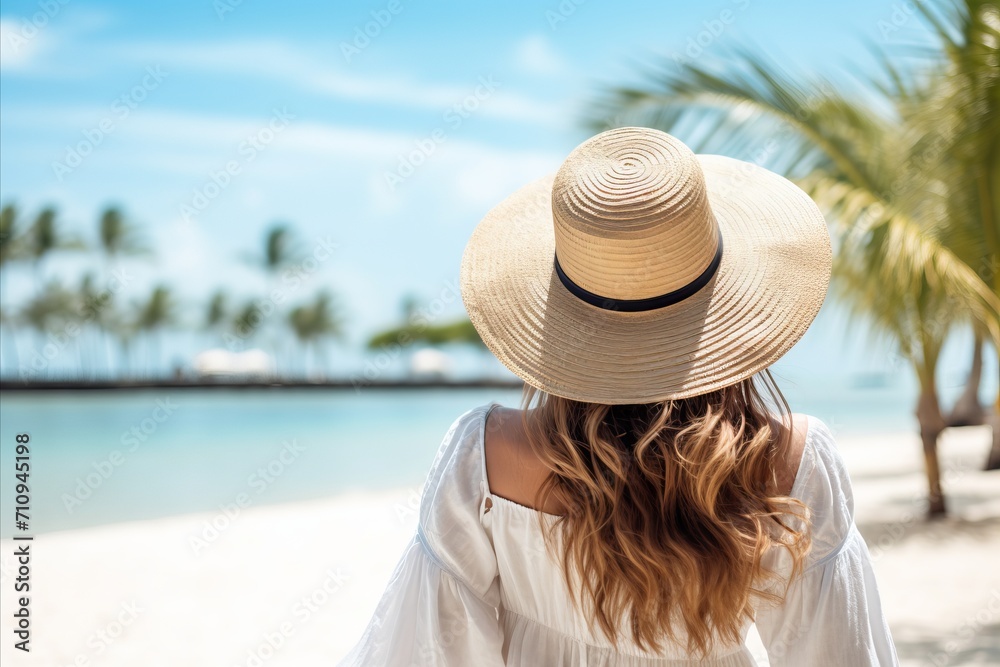 Happy woman with hat relaxing at seaside beach, summer vacation concept with palm trees and sea view