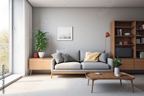 Wallpaper Mural A stylish living room with a gray couch and wooden furniture Torontodigital.ca