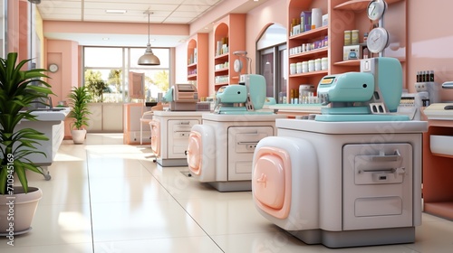 Pastel colored pharmacy interior with no people