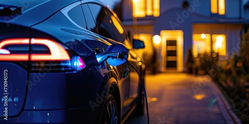 Electric car is being charged at night time from a wallbox, modern cottage © piai