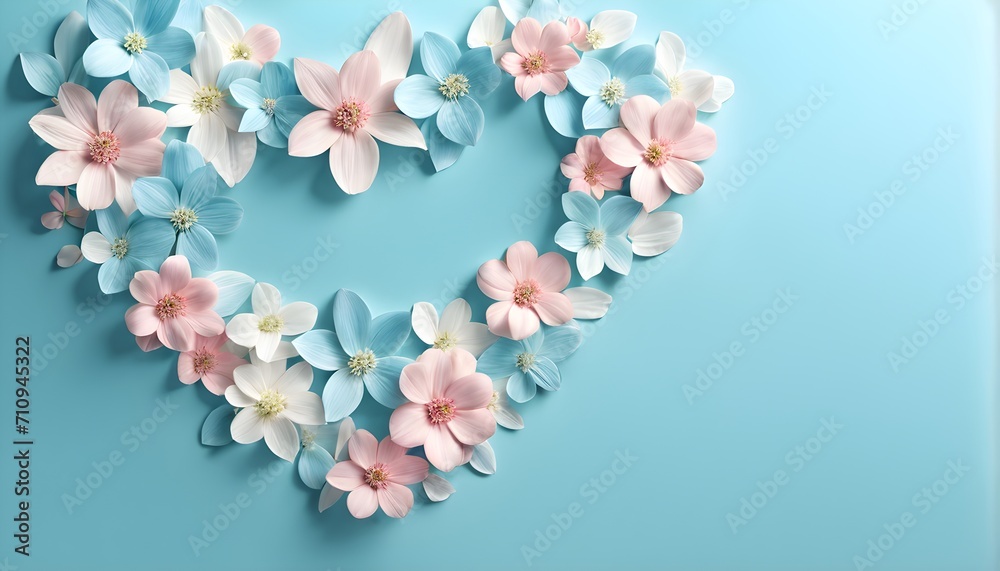 Bouquet of flowers in heart shape on blue background. Valentine's day, mother's day, women's Day background. Bouquet of flowers in heart shape on blue background. Valentine's day, mother's day, women's Day background.