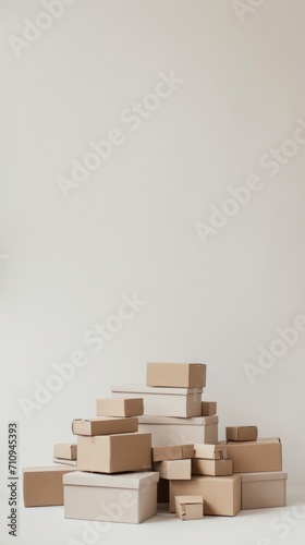 boxes in a pile on a white floor, in the style of minimalist,beige tones