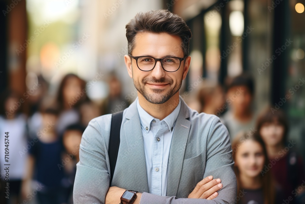 Confident businessman with arms crossed in front of blurred crowd Confident businessman with arms crossed in front of blurred crowd