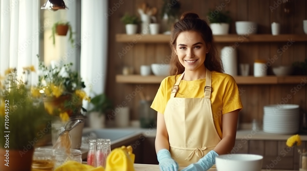 Fototapeta premium Portrait of a young woman wearing an apron and gloves in a kitchen
