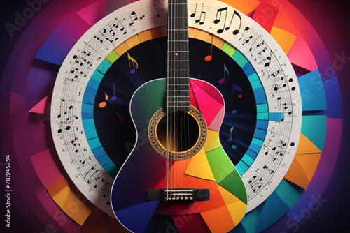 guitar centered within a geometric circle surrounded by multicolored musical notes against a patte_(1). photo