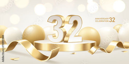32nd Anniversary celebration background. Golden 3D numbers on round podium with golden ribbons and balloons with bokeh lights in background.