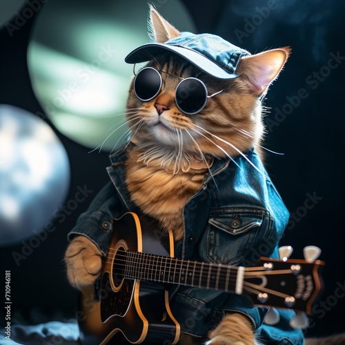 Cool cat wearing sunglasses and denim jacket playing guitar photo