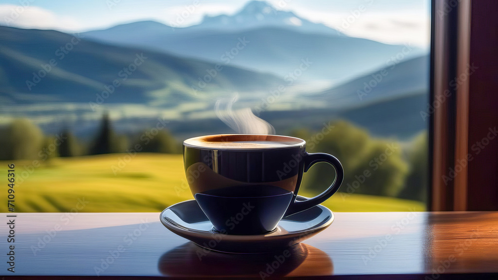 Cup of coffee with a view of the landscape outside the window.