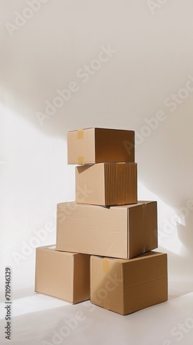 boxes in a pile on a white floor, in the style of minimalist,beige tones © Наталья Добровольска
