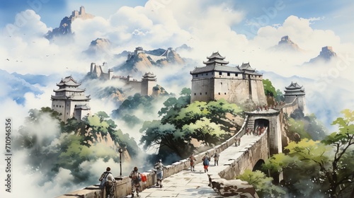 Slika na platnu Great Wall of China with watchtowers and people walking