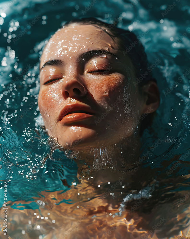 Close-up of a serene woman's face submerged in crystal-clear water Close-up of a serene woman's face submerged in crystal-clear water