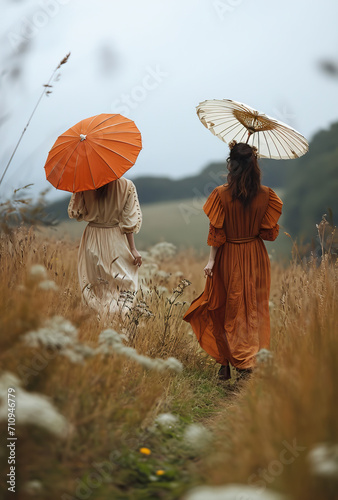 Two women with paper umbrellas in vintage dresses walking in a pastoral setting