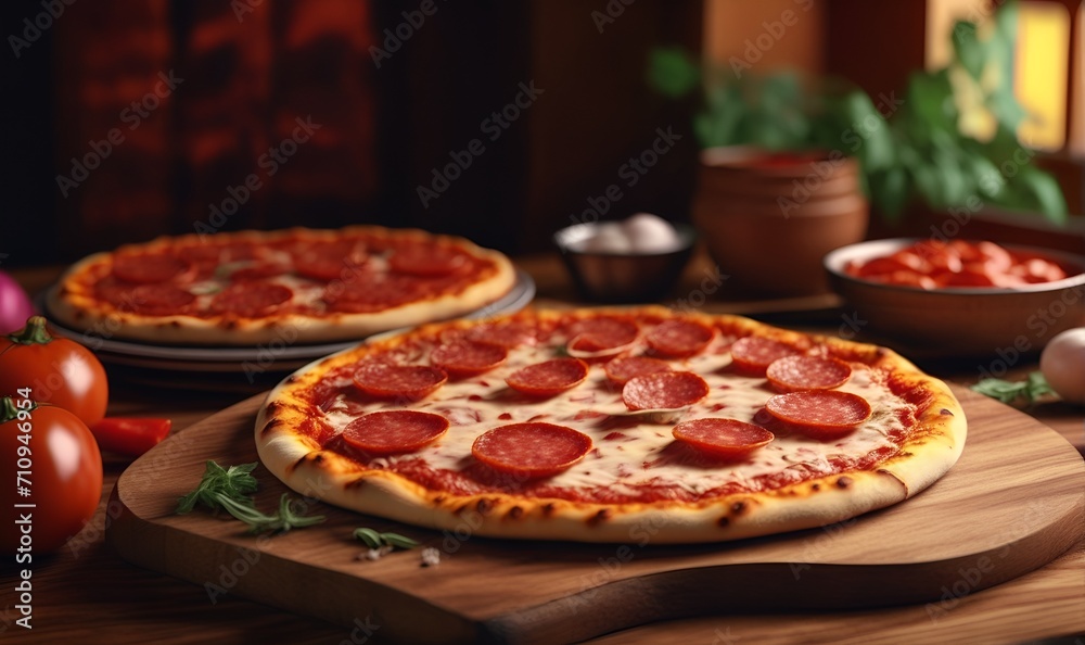 Pizza on a wooden table, with cooking ingredients in the background Pizza on a wooden table, with cooking ingredients in the background