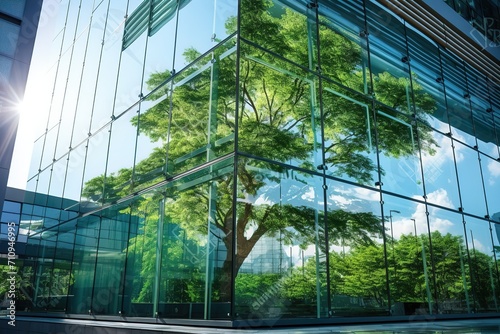 Eco-friendly building in the modern city. Sustainable glass office building with trees for reducing heat and carbon dioxide. Office building with green environment. Corporate building reduce CO2.
