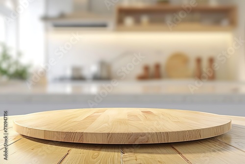 Empty beautiful round wood tabletop counter on interior in clean and bright kitchen background, Ready for display, Banner, for product montage

