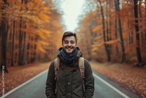 Happy man standing on road in front of trees 